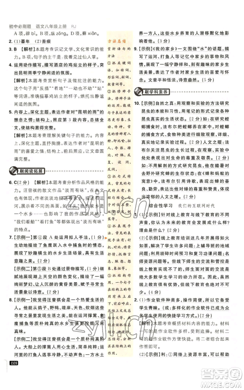 开明出版社2023初中必刷题八年级上册语文人教版参考答案 开明出版社2023初中必刷题八年级上册语文人教版参考答案