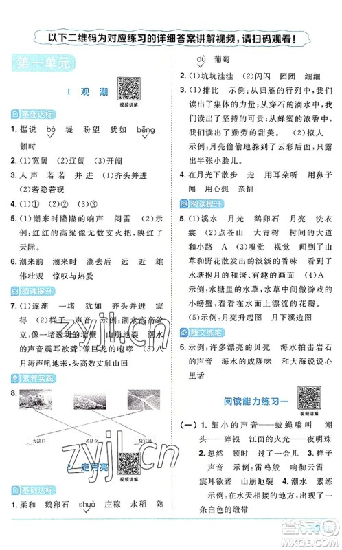江西教育出版社2022阳光同学课时优化作业四年级语文上册RJ人教版答案