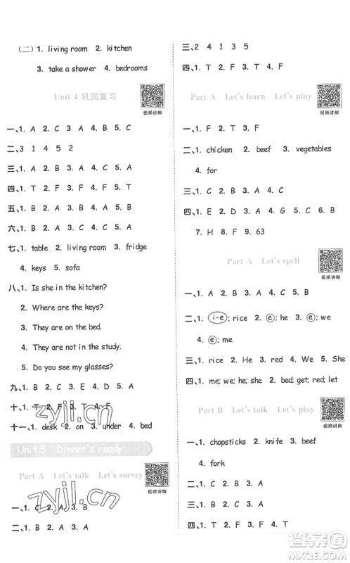 江西教育出版社2022阳光同学课时优化作业四年级英语上册PEP版答案