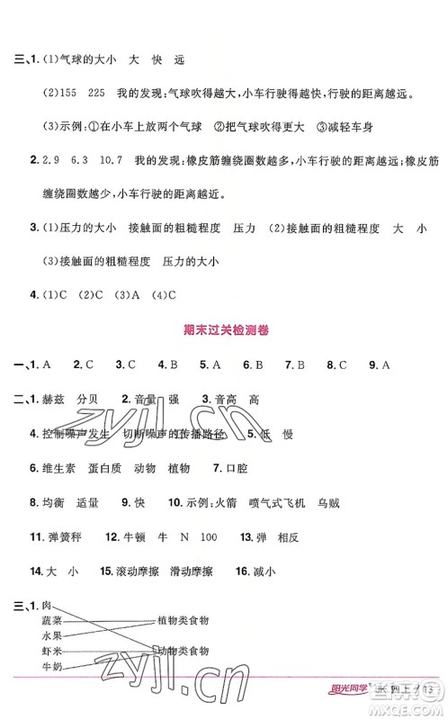 江西教育出版社2022阳光同学课时优化作业四年级科学上册JK教科版答案