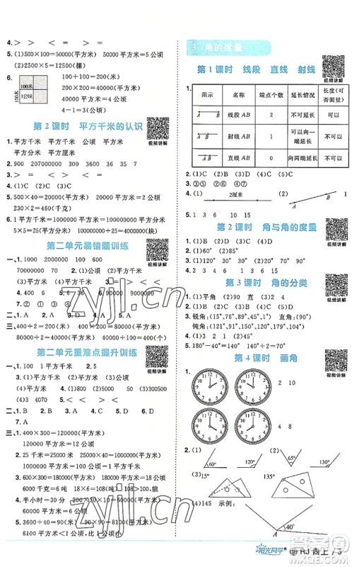 福建少年儿童出版社2022阳光同学课时优化作业四年级数学上册RJ人教版福建专版答案