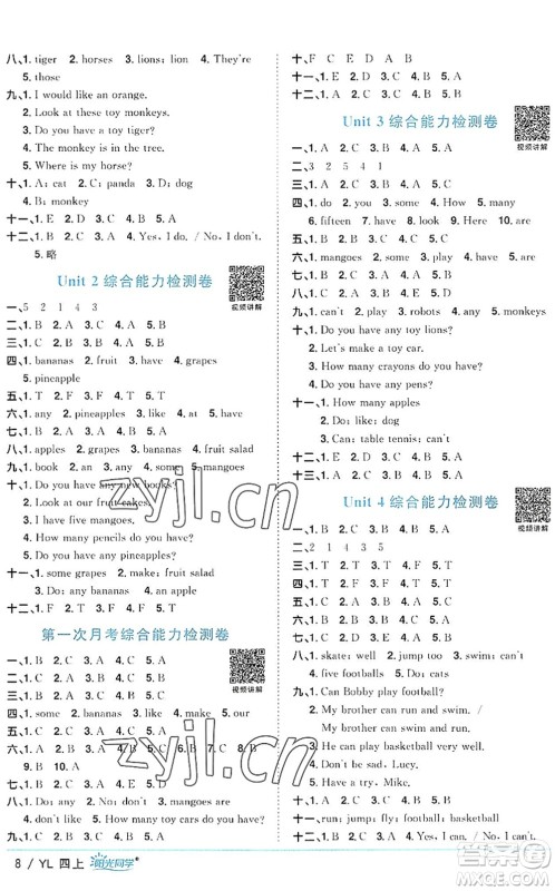 江西教育出版社2022阳光同学课时优化作业四年级英语上册YL译林版答案