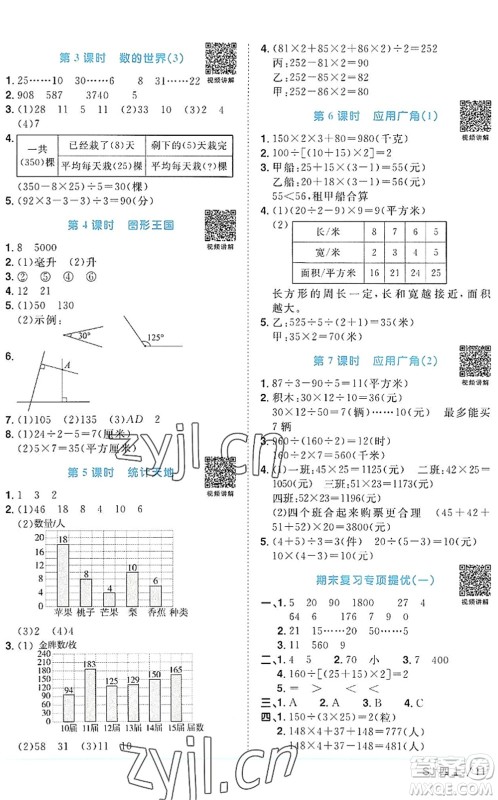 江西教育出版社2022阳光同学课时优化作业四年级数学上册SJ苏教版答案