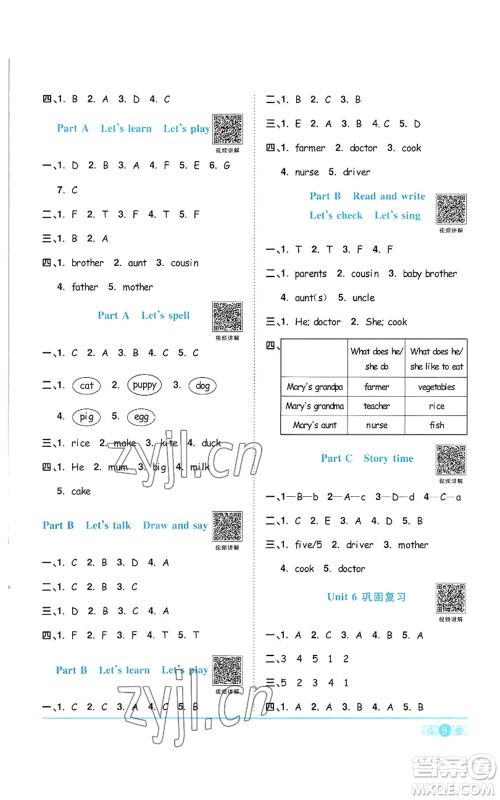 浙江教育出版社2022阳光同学课时达标训练四年级上册英语人教版浙江专版参考答案