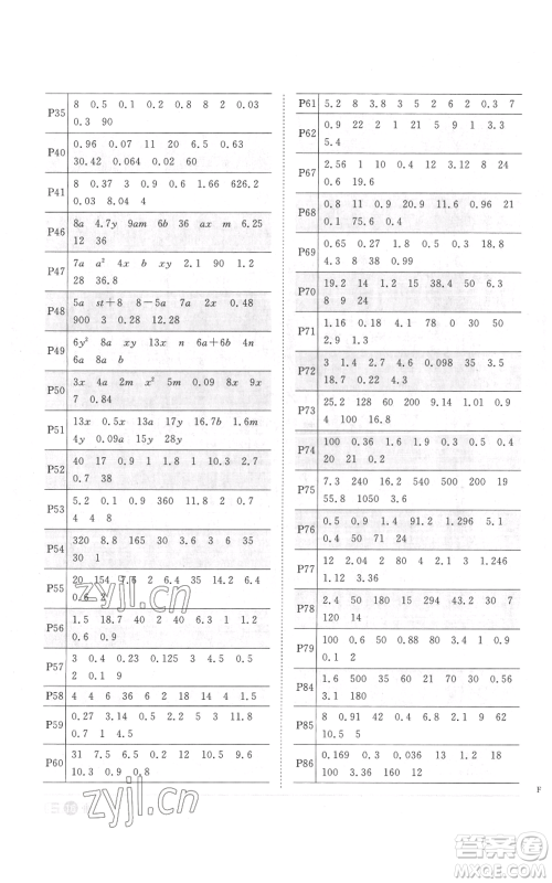 浙江教育出版社2022阳光同学课时达标训练五年级上册数学人教版浙江专版参考答案