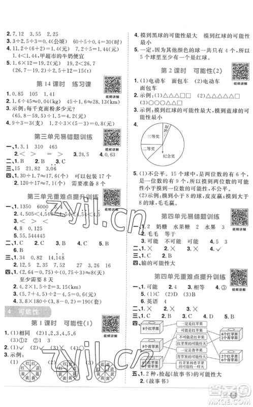 江西教育出版社2022阳光同学课时优化作业五年级数学上册RJ人教版答案