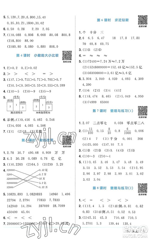 江西教育出版社2022阳光同学课时优化作业五年级数学上册SJ苏教版答案