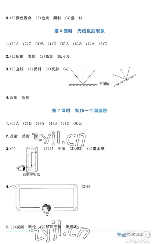 江西教育出版社2022阳光同学课时优化作业五年级科学上册JK教科版答案