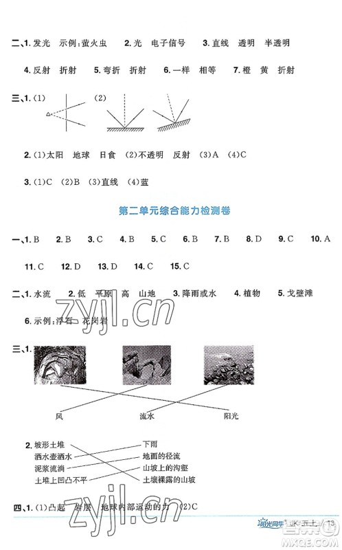 江西教育出版社2022阳光同学课时优化作业五年级科学上册JK教科版答案