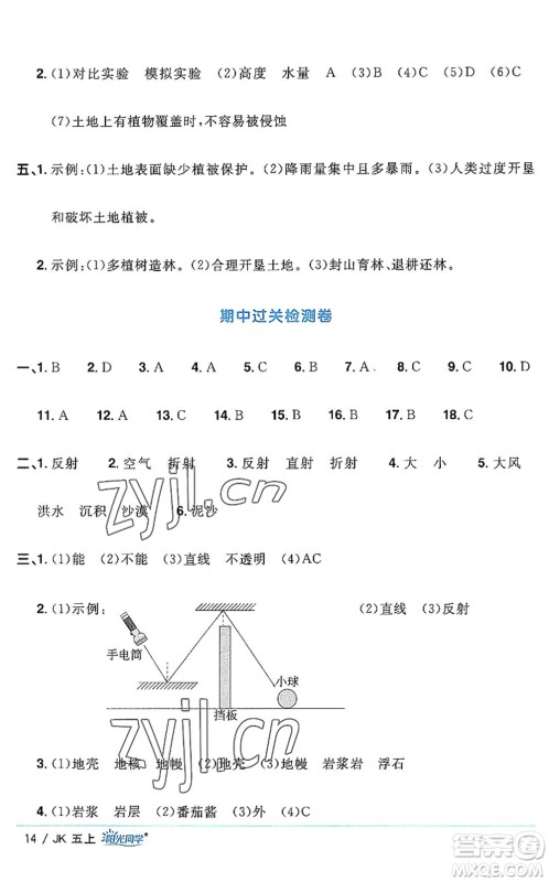 江西教育出版社2022阳光同学课时优化作业五年级科学上册JK教科版答案