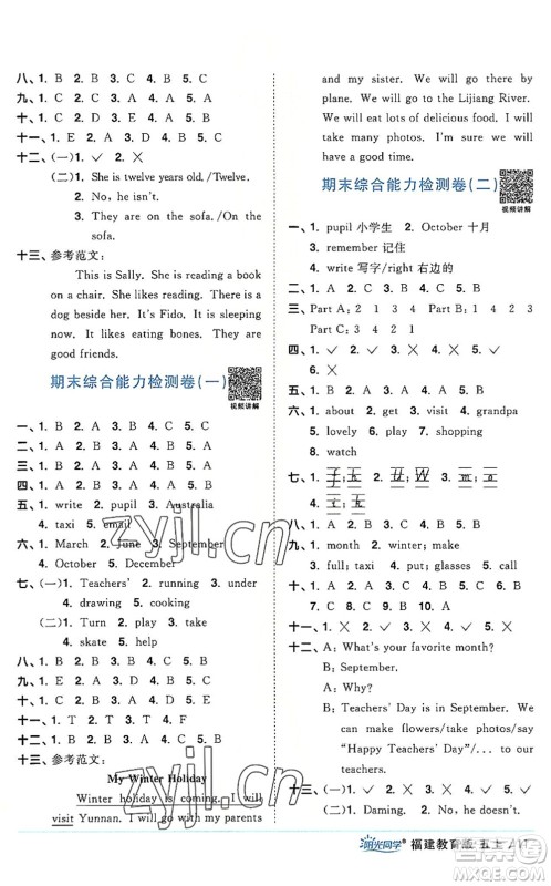 江西教育出版社2022阳光同学课时优化作业五年级英语上册福建教育版答案