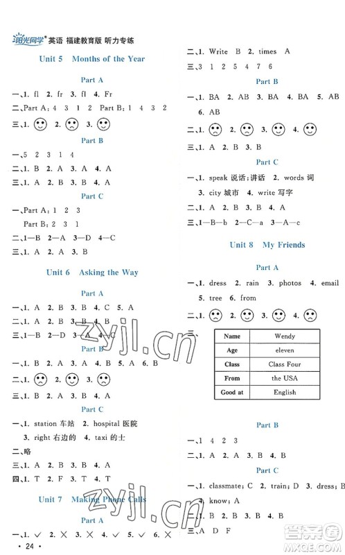 江西教育出版社2022阳光同学课时优化作业五年级英语上册福建教育版答案
