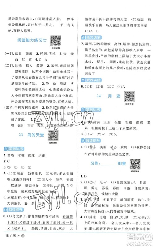 江西教育出版社2022阳光同学课时优化作业五年级语文上册五四专用答案