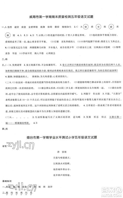 江西教育出版社2022阳光同学课时优化作业五年级语文上册五四专用答案