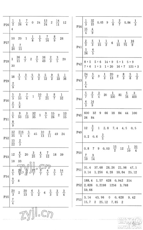 江西教育出版社2022阳光同学课时优化作业六年级数学上册RJ人教版答案