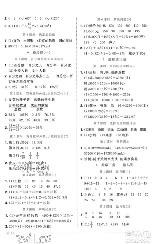 江西教育出版社2022阳光同学课时优化作业六年级数学上册RJ人教版答案