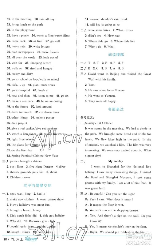 江西教育出版社2022阳光同学课时优化作业六年级英语上册YL译林版答案
