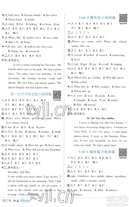 江西教育出版社2022阳光同学课时优化作业六年级英语上册YL译林版答案