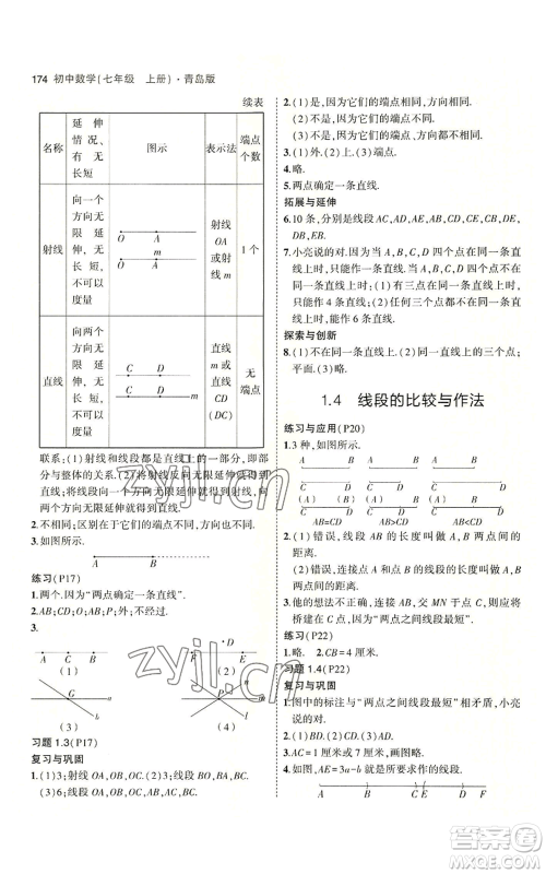 首都师范大学出版社2023年5年中考3年模拟七年级上册数学青岛版参考答案