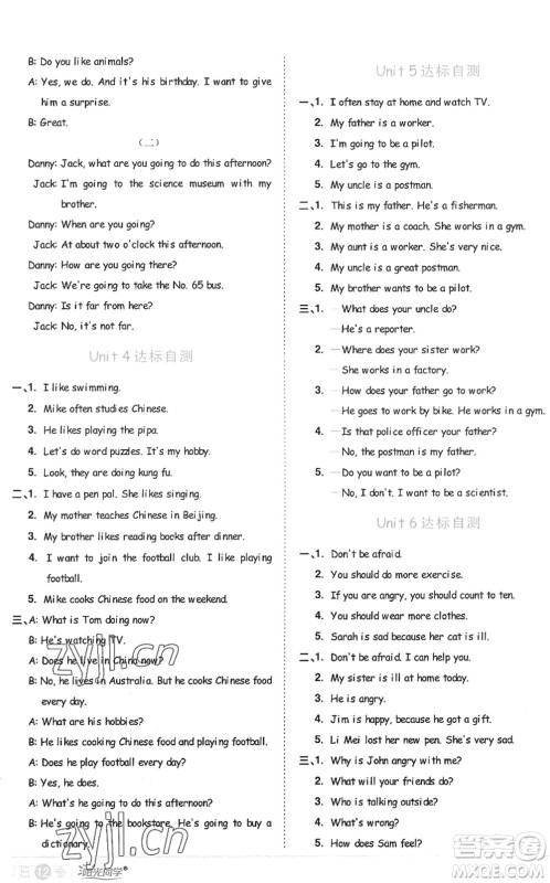 江西教育出版社2022阳光同学课时优化作业六年级英语上册PEP版答案