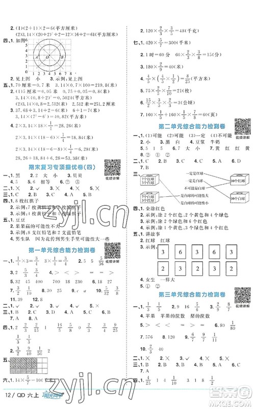 江西教育出版社2022阳光同学课时优化作业六年级数学上册QD青岛版答案