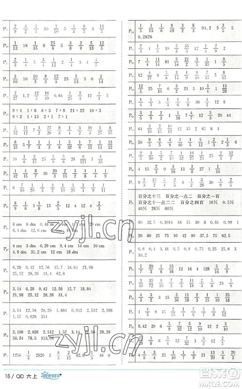 江西教育出版社2022阳光同学课时优化作业六年级数学上册QD青岛版答案