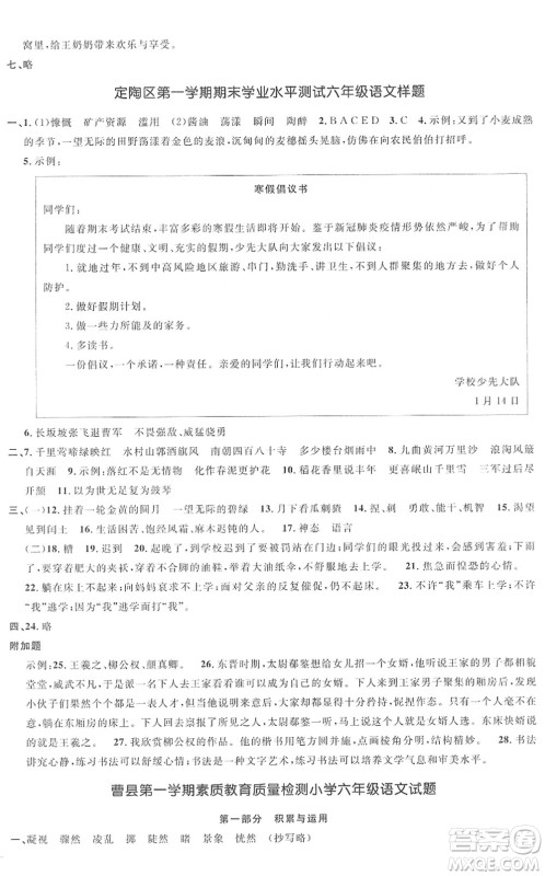 江西教育出版社2022阳光同学课时优化作业六年级语文上册RJ人教版菏泽专版答案