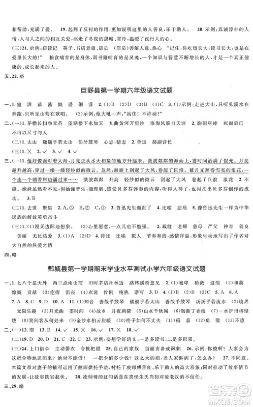 江西教育出版社2022阳光同学课时优化作业六年级语文上册RJ人教版菏泽专版答案