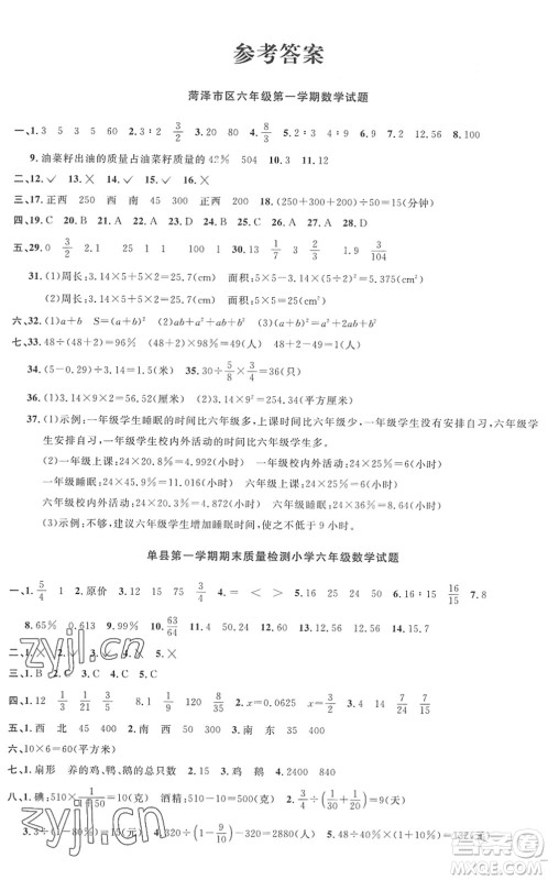 江西教育出版社2022阳光同学课时优化作业六年级数学上册RJ人教版菏泽专版答案