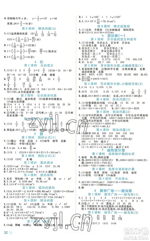 福建少年儿童出版社2022阳光同学课时优化作业六年级数学上册RJ人教版福建专版答案