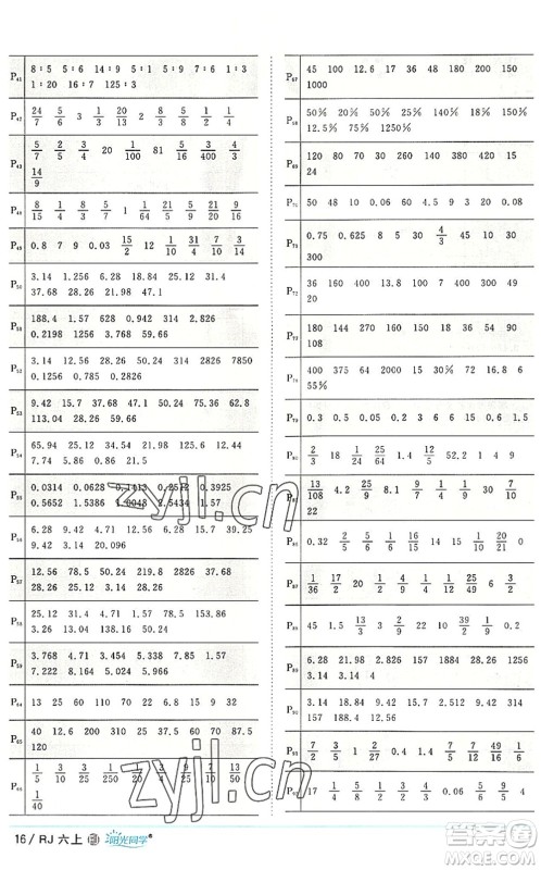 福建少年儿童出版社2022阳光同学课时优化作业六年级数学上册RJ人教版福建专版答案