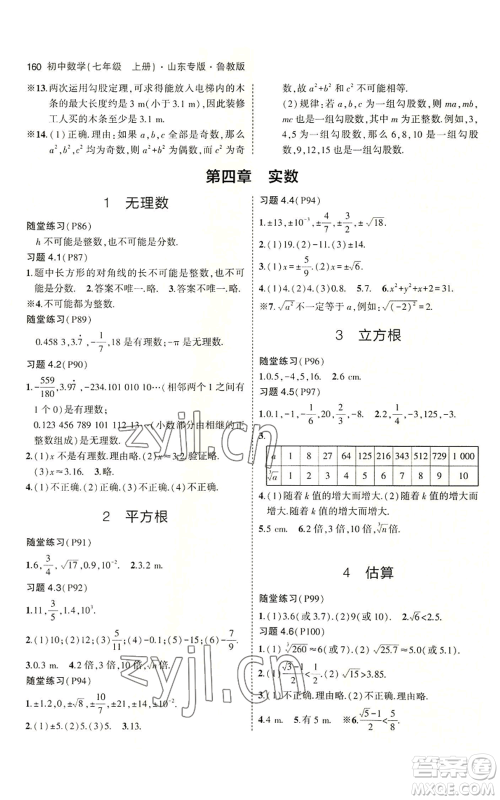 教育科学出版社2023年5年中考3年模拟七年级上册数学鲁教版山东专版参考答案