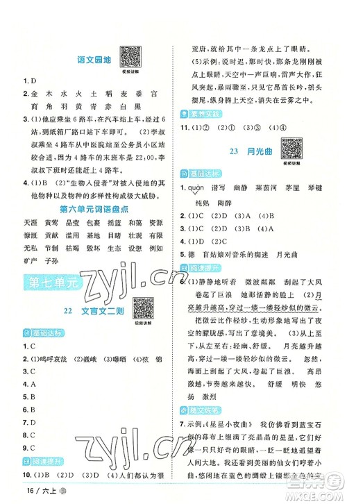 福建少年儿童出版社2022阳光同学课时优化作业六年级语文上册福建专版答案 福建少年儿童出版社2022阳光同学课时优化作业六年级语文上册福建专版答案