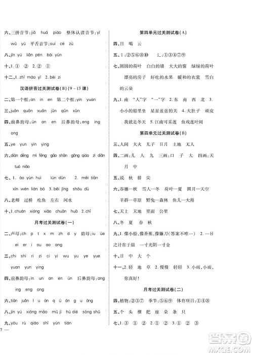 北方妇女儿童出版社2022轻松夺冠黄冈全优AB卷语文一年级上册人教版答案