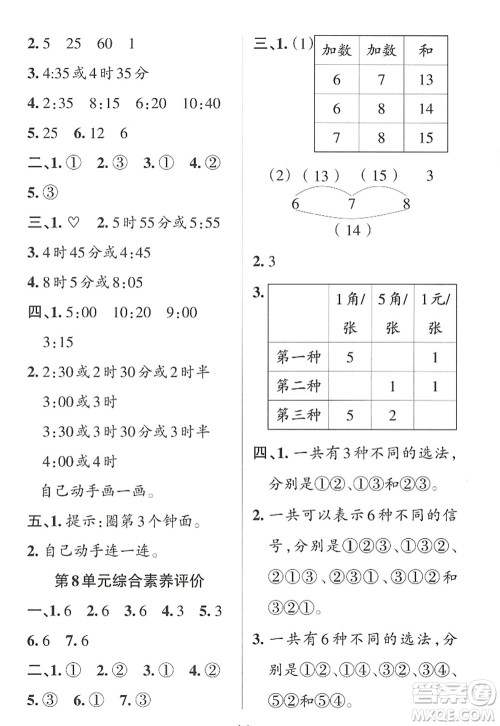 辽宁教育出版社2022PASS小学学霸作业本二年级数学上册RJ人教版答案