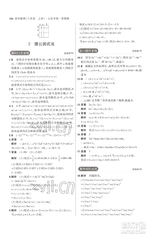 教育科学出版社2023年5年中考3年模拟八年级上册数学鲁教版山东专版参考答案