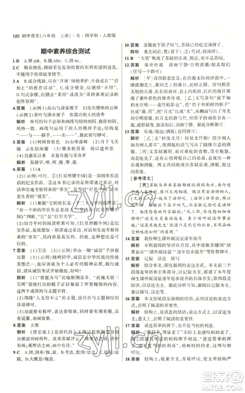 首都师范大学出版社2023年5年中考3年模拟五四学制八年级上册语文人教版参考答案 首都师范大学出版社2023年5年中考3年模拟五四学制八年级上册语文人教版参考答案