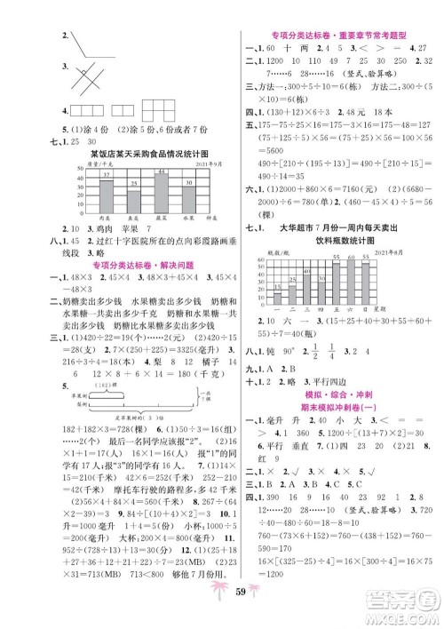合肥工业大学出版社2022好题必刷卷期末冲刺100分数学四年级上册苏教版答案