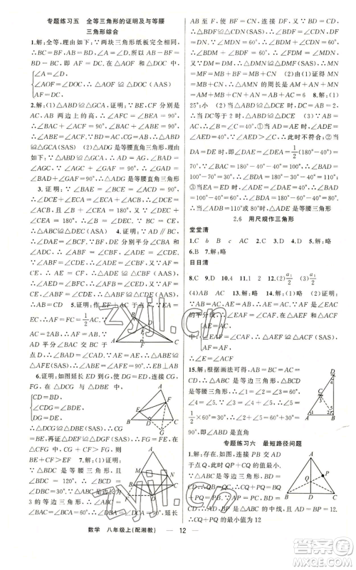 新疆青少年出版社2022四清导航八年级上册数学湘教版参考答案