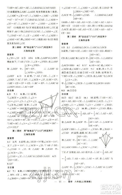 新疆青少年出版社2022四清导航八年级上册数学湘教版参考答案