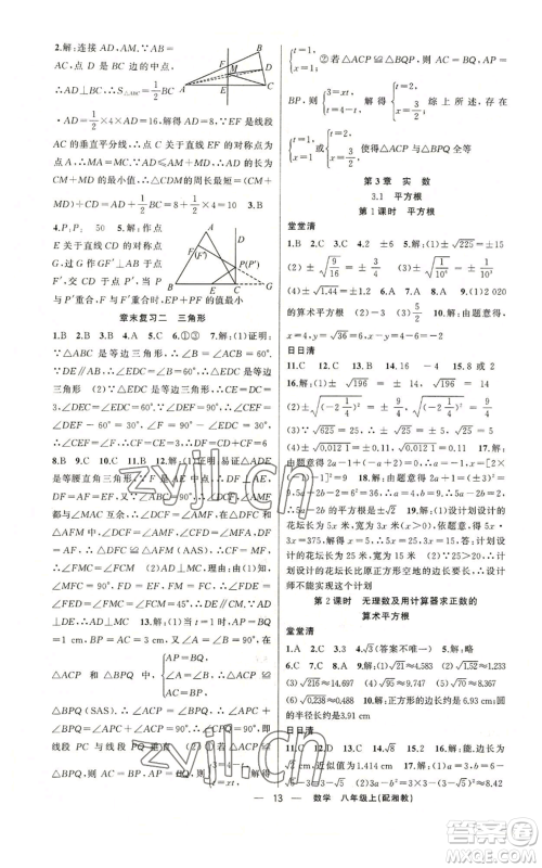新疆青少年出版社2022四清导航八年级上册数学湘教版参考答案
