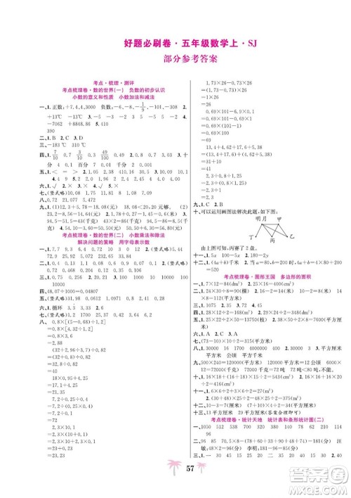 合肥工业大学出版社2022好题必刷卷期末冲刺100分数学五年级上册苏教版答案