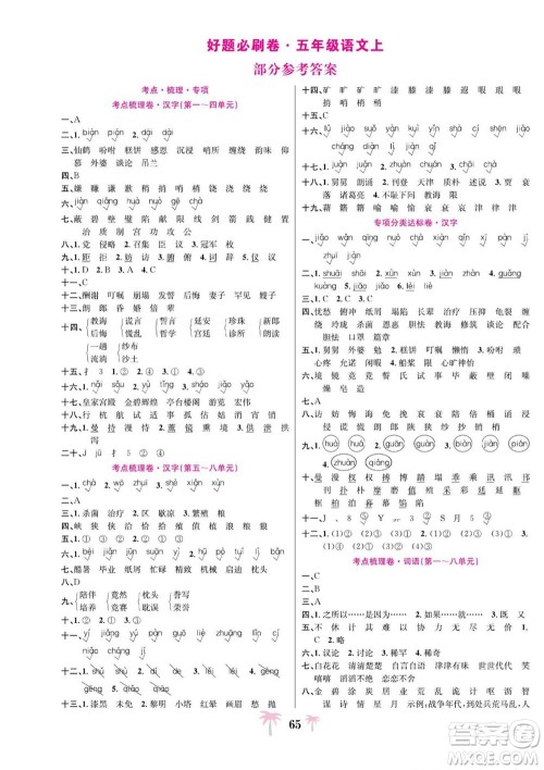 合肥工业大学出版社2022好题必刷卷期末冲刺100分语文五年级上册人教版答案