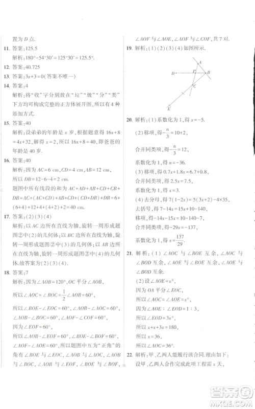 教育科学出版社2022秋季5年中考3年模拟初中试卷七年级上册数学人教版参考答案