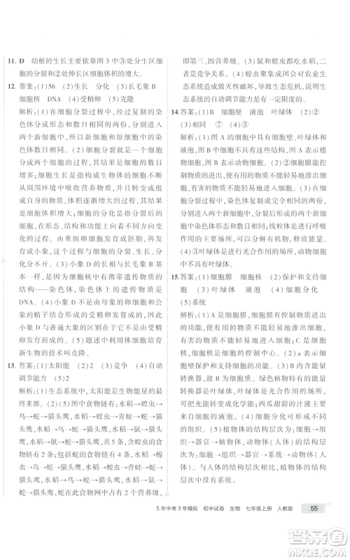 教育科学出版社2022秋季5年中考3年模拟初中试卷七年级上册生物人教版参考答案 教育科学出版社2022秋季5年中考3年模拟初中试卷七年级上册生物人教版参考答案