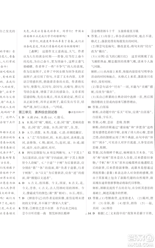 首都师范大学出版社2022秋季5年中考3年模拟初中试卷九年级上册语文人教版参考答案