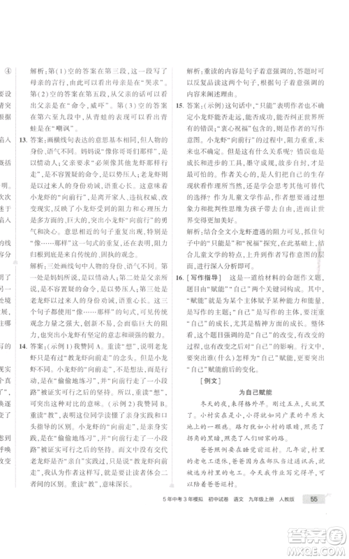首都师范大学出版社2022秋季5年中考3年模拟初中试卷九年级上册语文人教版参考答案