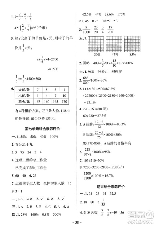 辽宁教育出版社2022PASS小学学霸作业本六年级数学上册QD青岛版山东专版答案