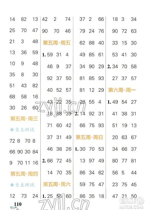 辽宁教育出版社2022PASS小学学霸天天计算二年级数学上册RJ人教版答案