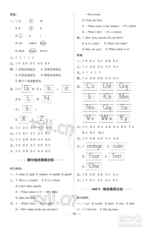 山西教育出版社2022秋季综合应用创新题典中点三年级起点三年级上册英语冀教版参考答案